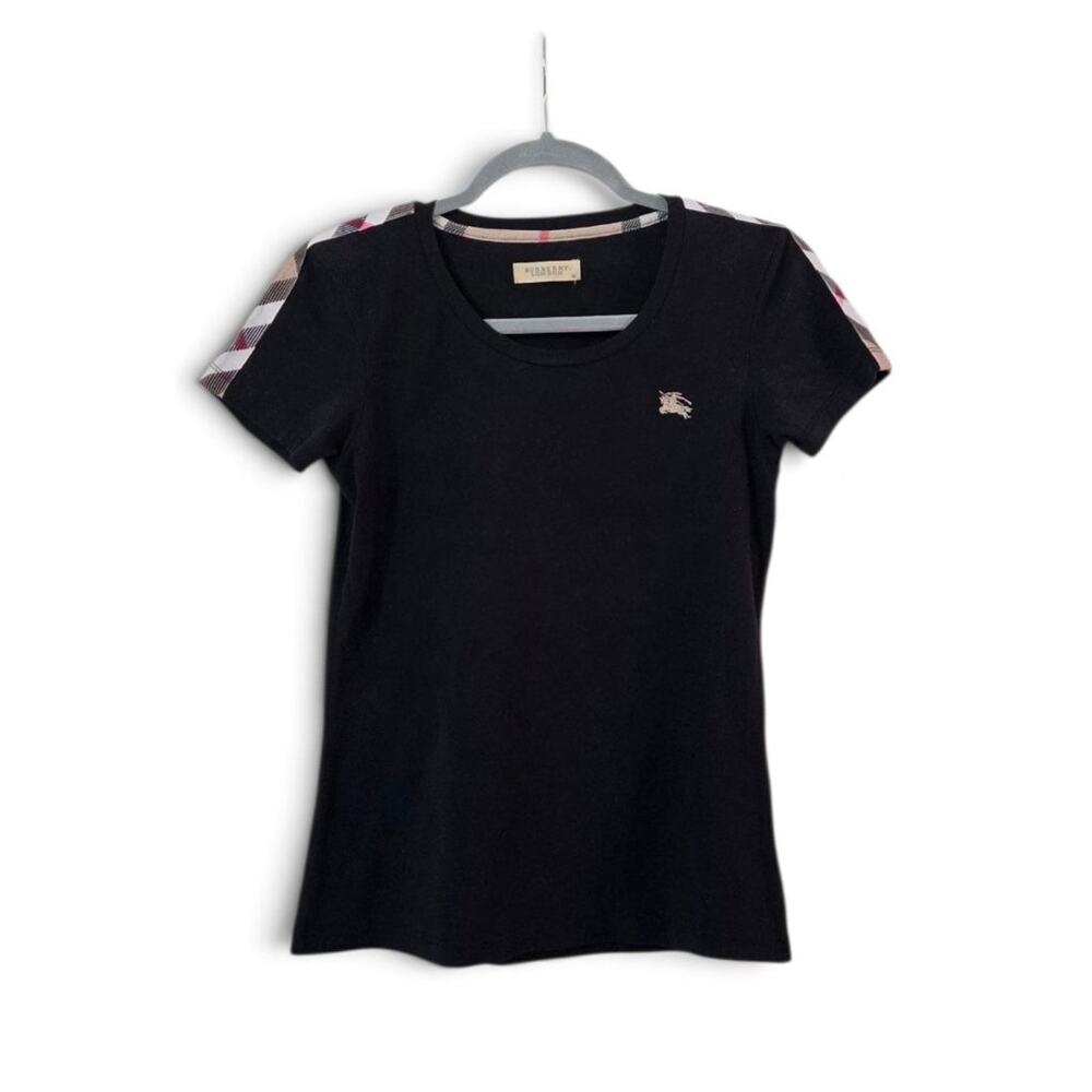 Burberry London Black T-Shirt Nova Check Shoulder Knight Logo Womens Medium